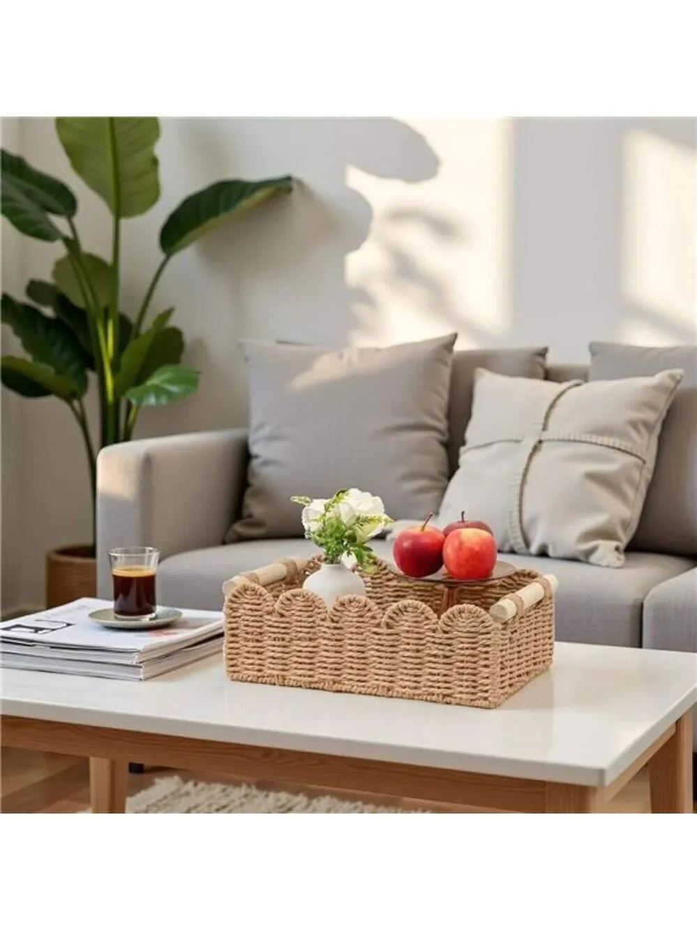 Neutral scalloped edge storage basket small woven bin for bathroom decor
